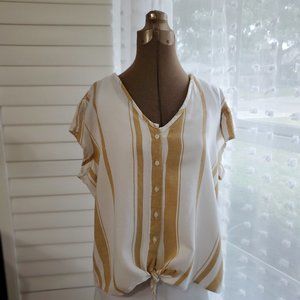 Lightweight Short Sleeve Ladies Top White Khaki Stripes